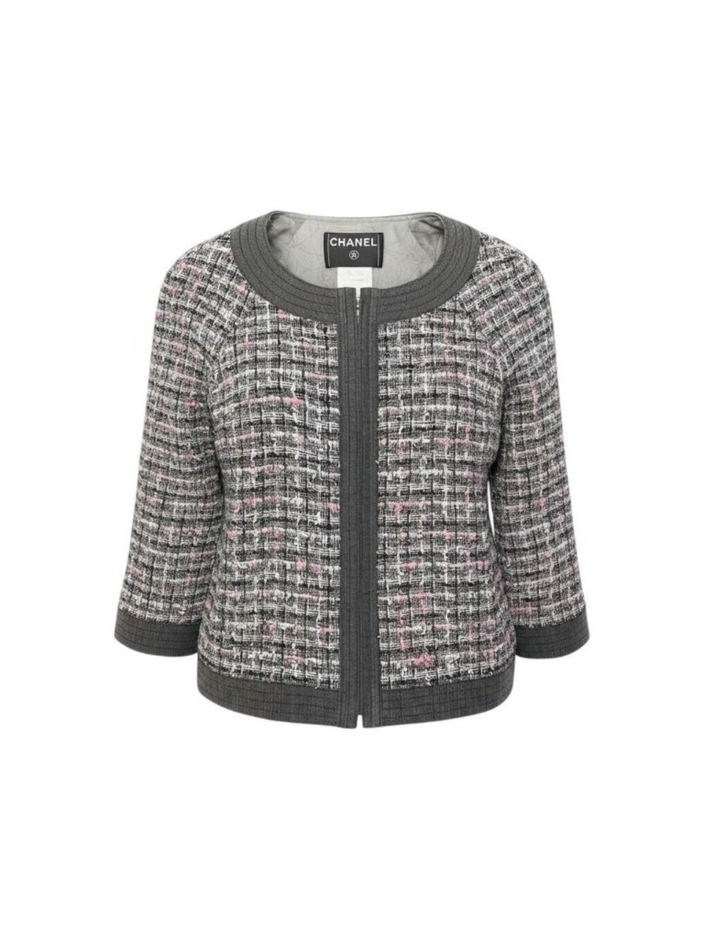 Chanel Zip Up Tweed Jacket Collarless 38 Multicolor